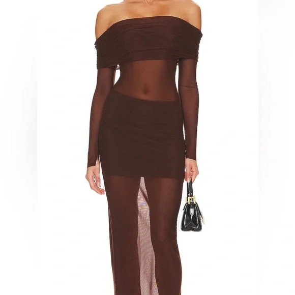 brown off shoulder midi dress Janese Off Shoulder Midi Dress – SIMKHAI